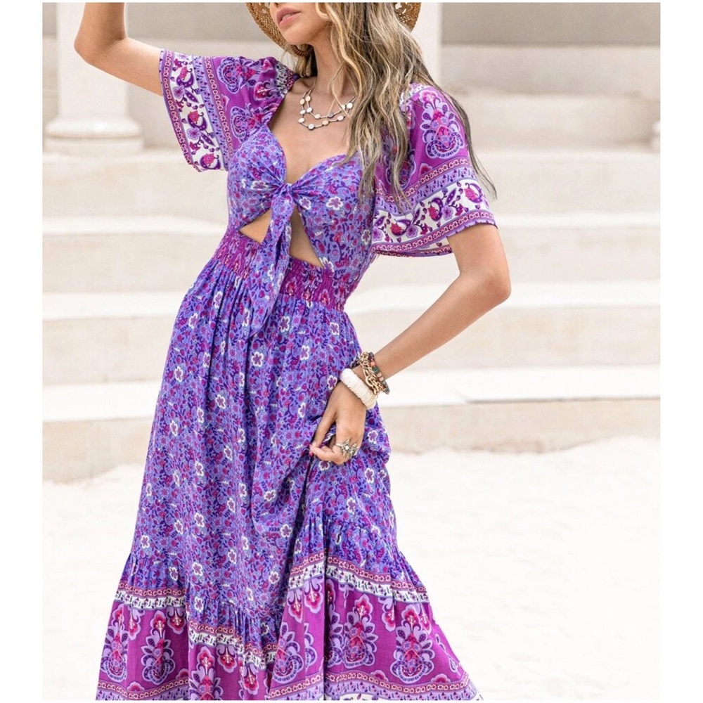 Boho Purple Floral Tie-Front Maxi Dress - Picture 2 of 6
